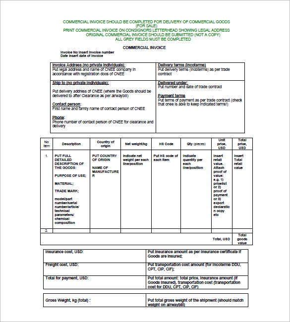blank commercial invoice template blank commercial invoice form 