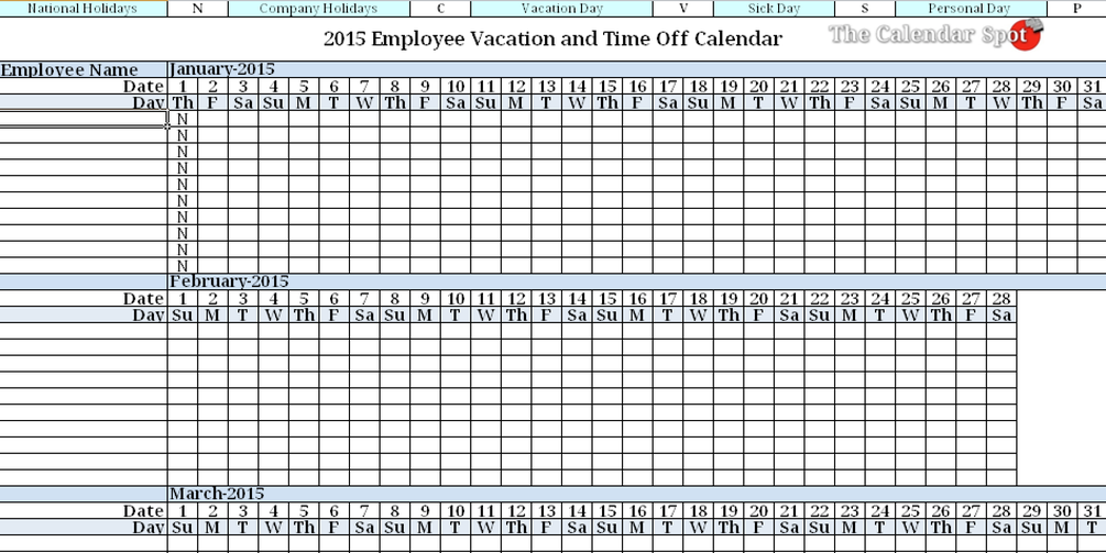 2015 Employee Vacation Absence Tracking Calendar