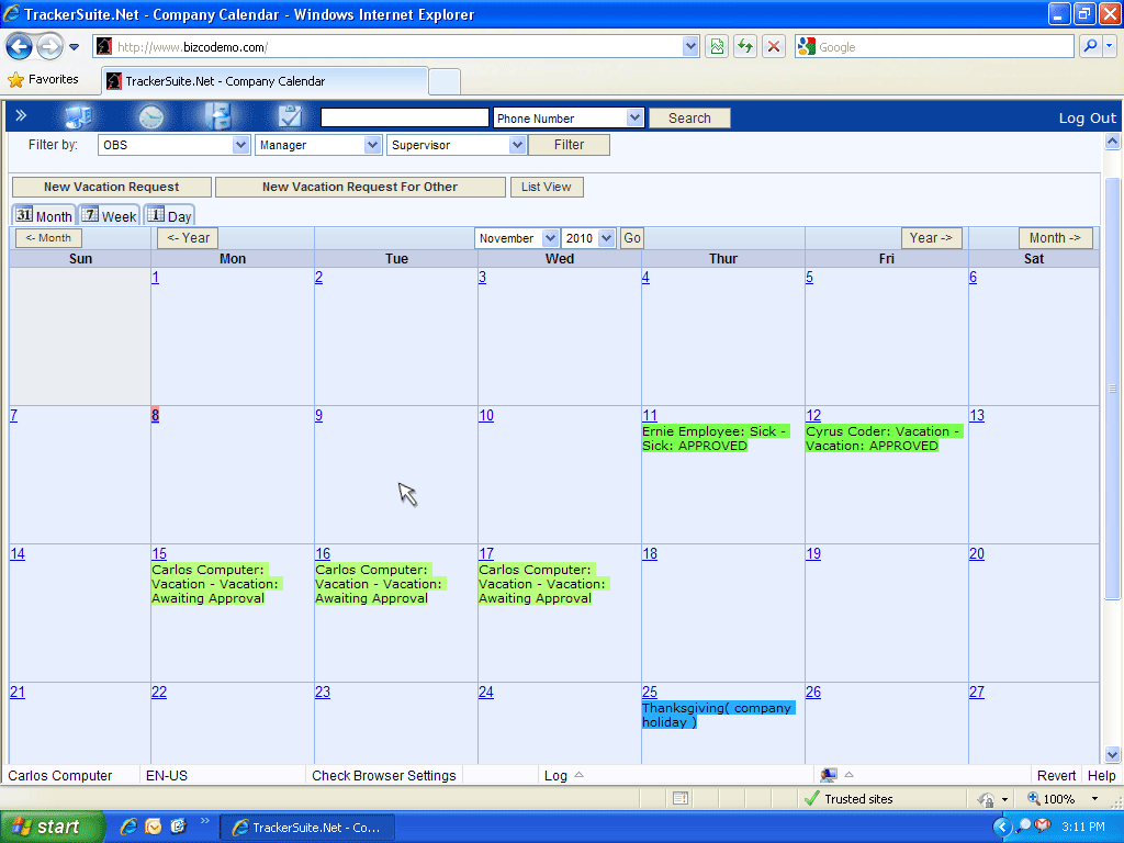 Employee Vacation Tracking and Time Off Calendars : TrackerSuite.Net