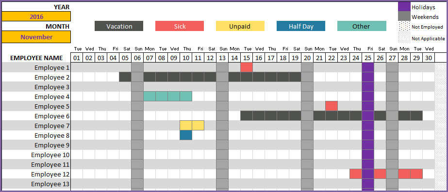 Employee Vacation Tracker to track leave & attendance   Excel Template