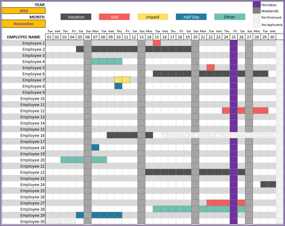 Employee Vacation Tracker to track leave & attendance   Excel Template