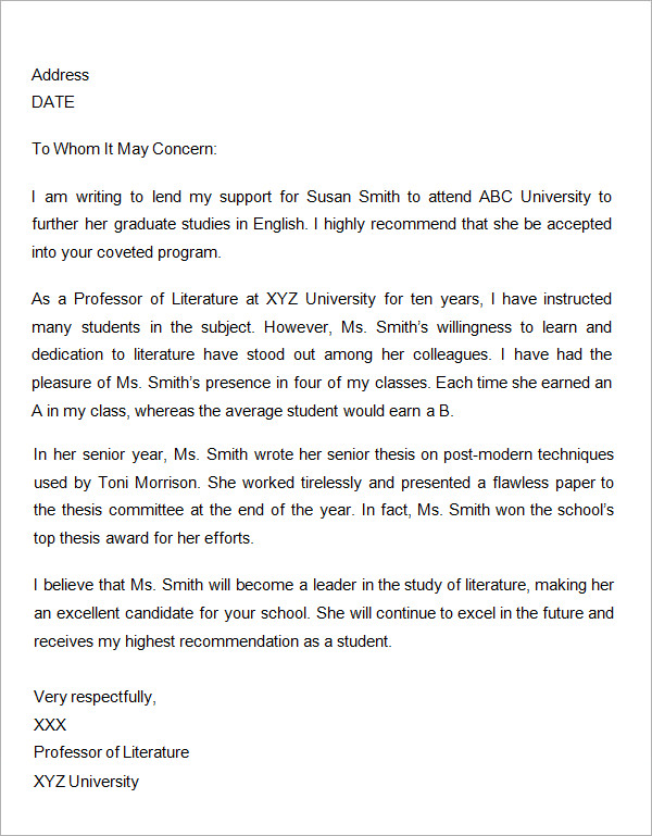 Letter Of Recommendation For Masters Program Example   Resume 