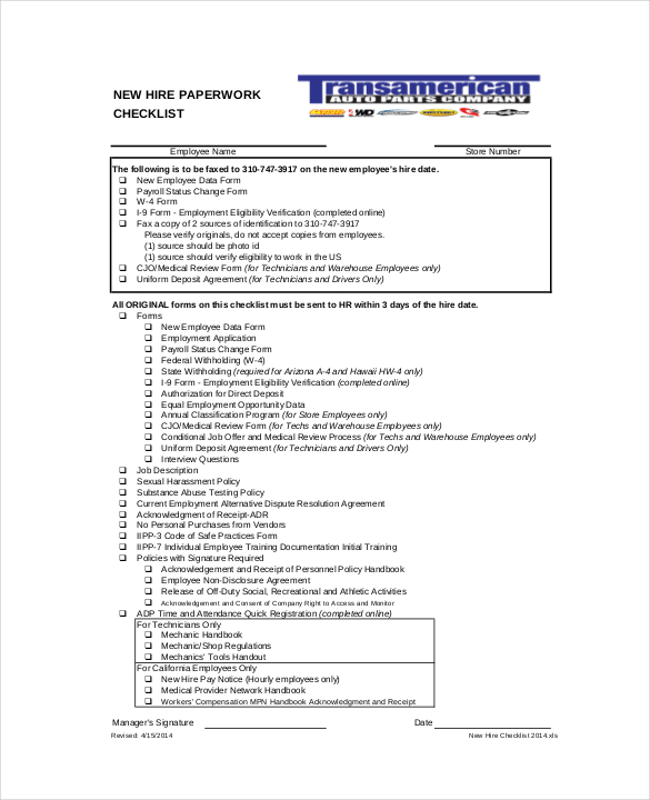 Free Basic New Hire Checklist from Formville
