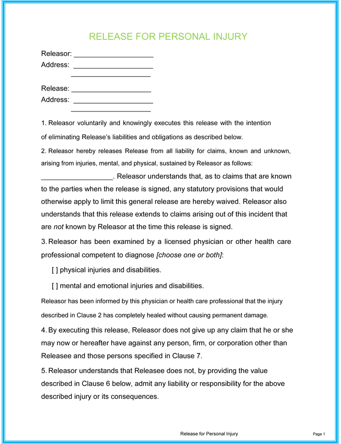 Personal Injury Waiver Form Templates   Fillable & Printable 
