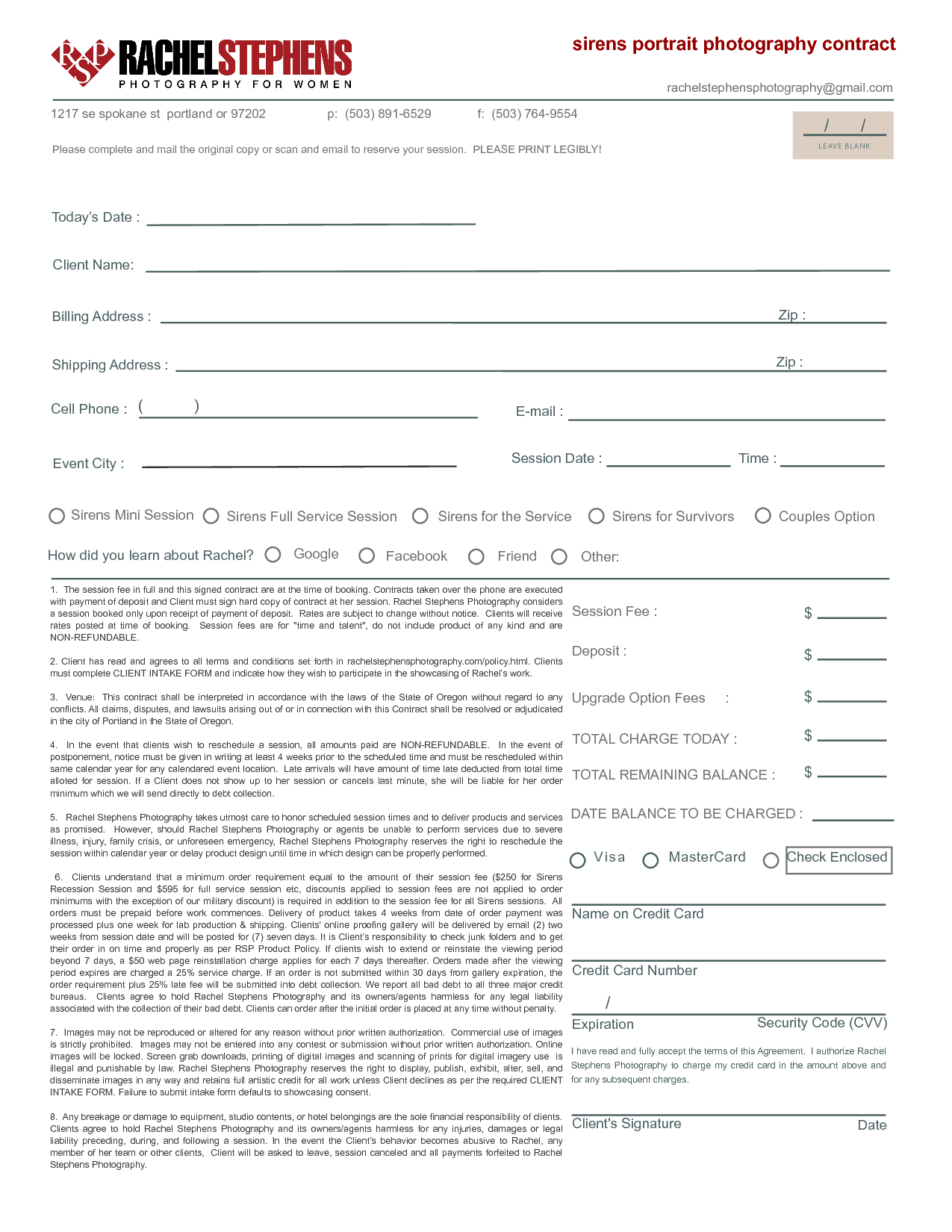 Portrait Photography Contract | hunecompany.com