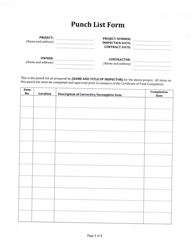 Contractor's Punch List Form   $5.99 DOWNLOAD NOW!