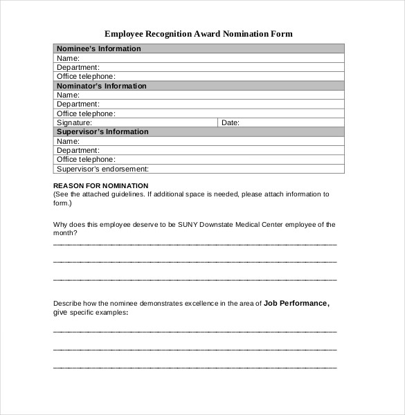 Award Nomination Forms For Employee Recognition Programs