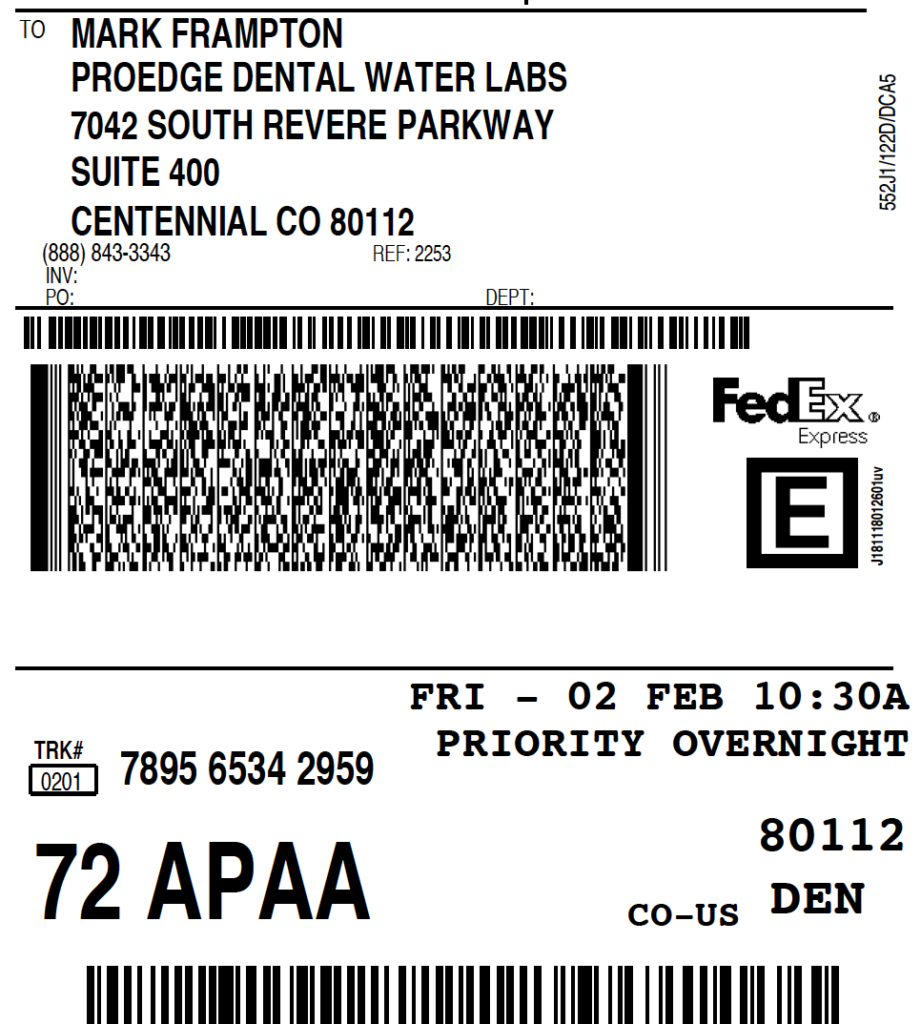 Sample FedEx Overnight Shipping Label   ProEdge Dental Water Labs