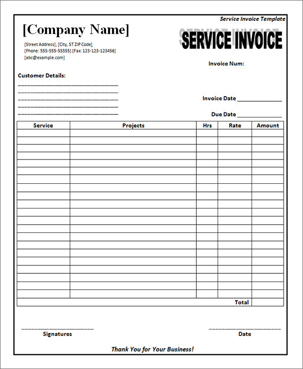 Excel Service Invoice Template   Free Download