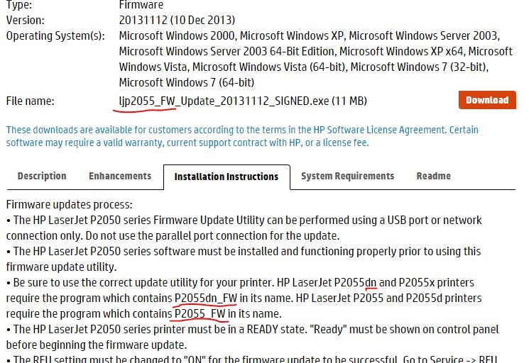 HP LaserJet P2055dn Firmware upgrade doesn't reflect reality 