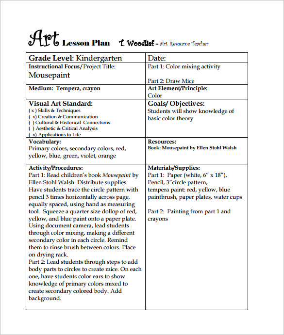 art lesson plans template   Gameis.us