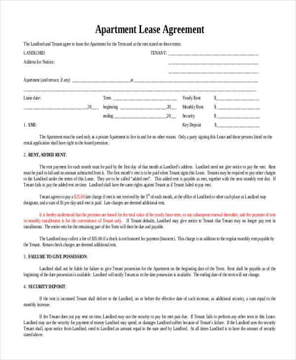 8+ Sample Apartment Lease Agreements – PDF, Word | Sample Templates