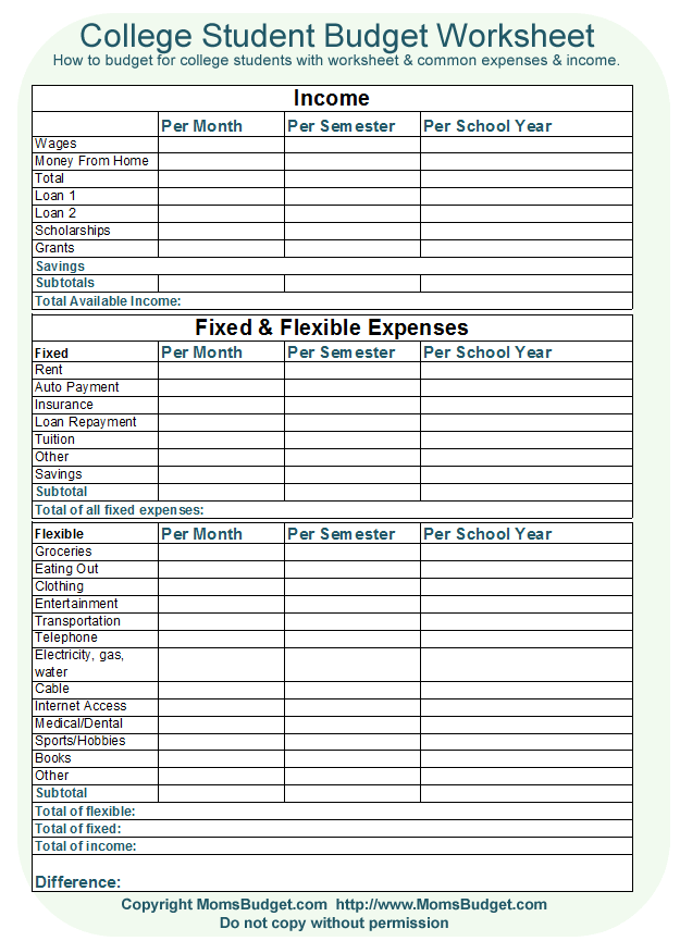 College Student Budget Worksheet   Free Printable Worksheet from 