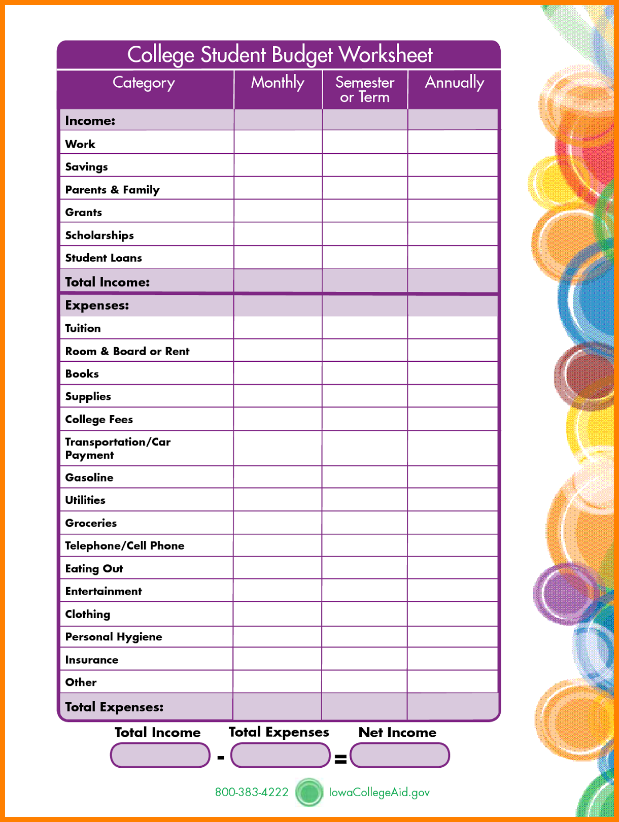 Budget Worksheet Student Exclusive Resumes Sample For College 