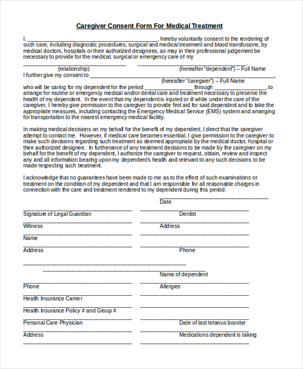 Caregiver Consent Form For Medical Treatment Templates   Fillable 
