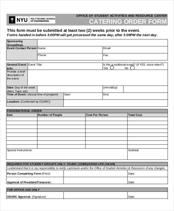 14+ Catering Order Forms   Free Samples, Examples, Format Download 
