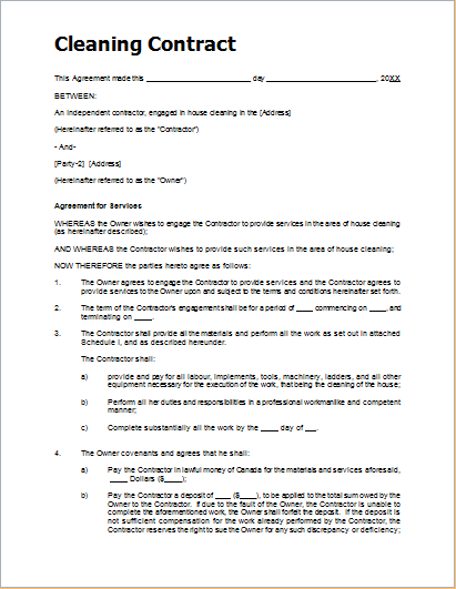 cleaning agreement template sample cleaning contract template for 