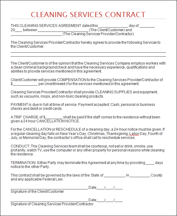 cleaning service agreement template house cleaning contract sample 