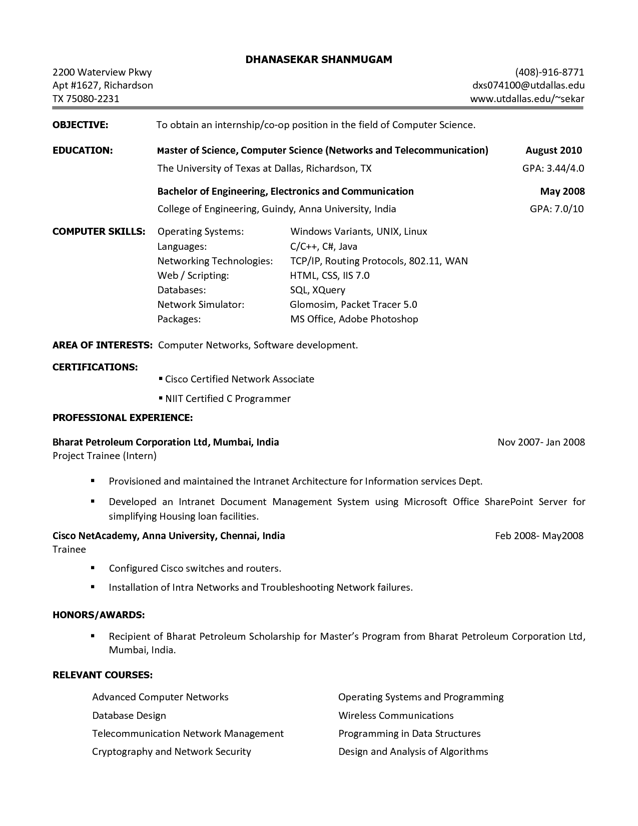 Download Internship Resume Samples For Computer Science 