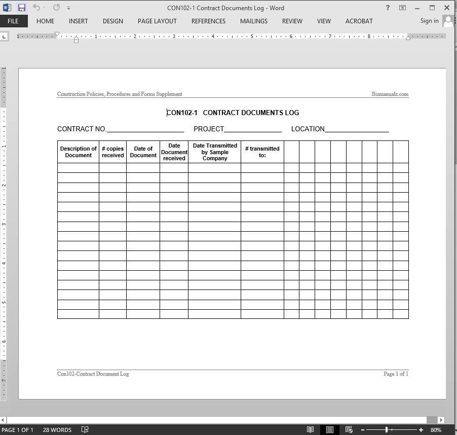Contract Documents Log Template