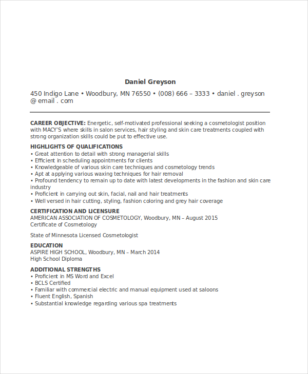 Cosmetology Resume Template Cosmetologist Examples Sample | amypark.us