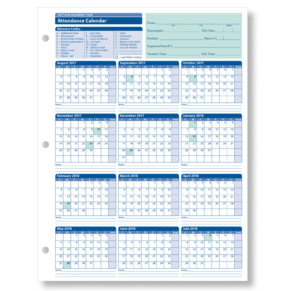 Employee Attendance Calendar for the 2018   2019 Academic Year