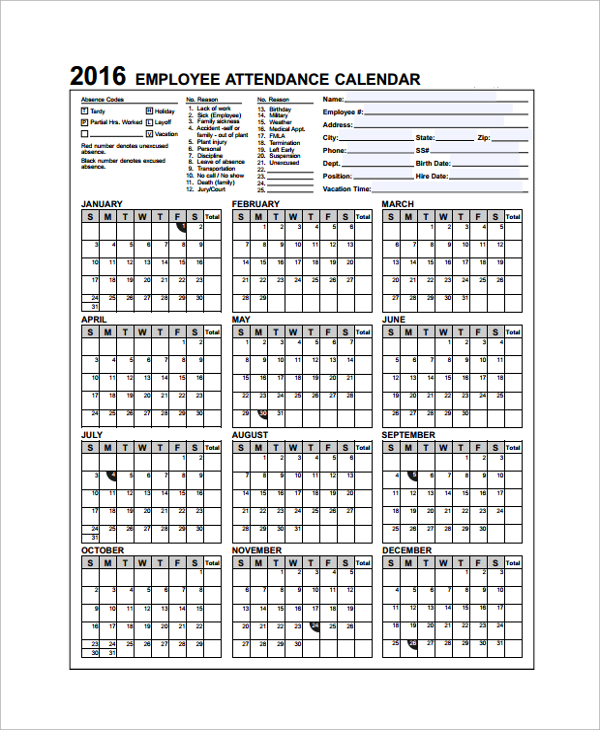 employee attendance calendar template sample attendance calendar 