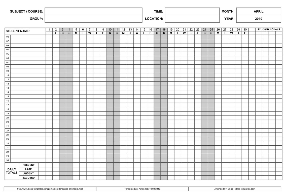 Blank Employee Attendance Calendar Monthly | Calendar Template 