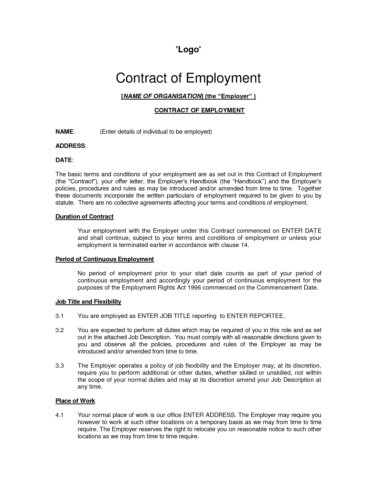 Printable Sample Employment Contract Sample Form | Laywers 