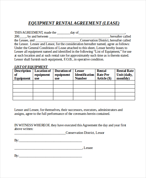 equipment lease agreement template