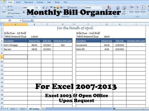 Bill Organizer Template Excel, Divide Payments into 1st & 2nd Half 