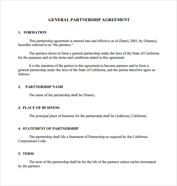 partnership agreement template california sample general 