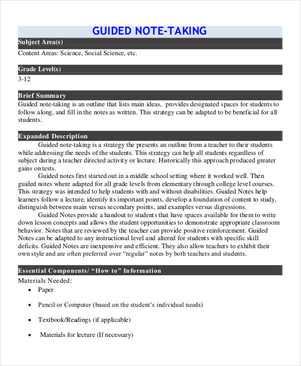 Guided Note Templates   6 Word, PDF Format Download | Free 