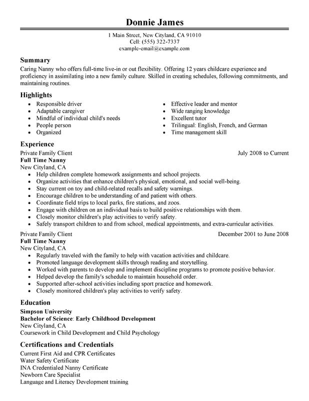 Full Time Nanny Resume Examples – Free to Try Today | MyPerfectResume