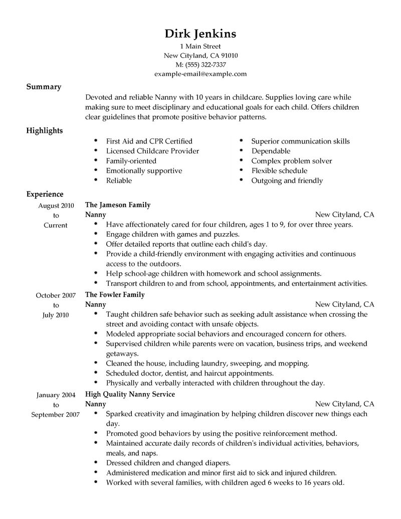 free nanny resume templates   Mini.mfagency.co