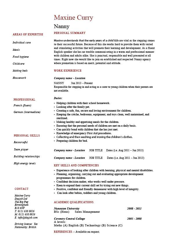 Nanny resume, example, sample, babysitting, children, professional 