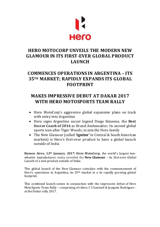 Hero Glamour Launch Argentina   Press Release