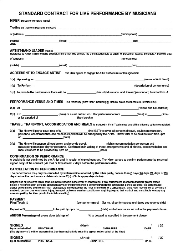 music performance agreement template band contract template 6 free 