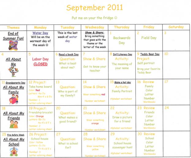 Sample Preschool Calendar. Sample Calendar NormaS Kiddie Preschool 