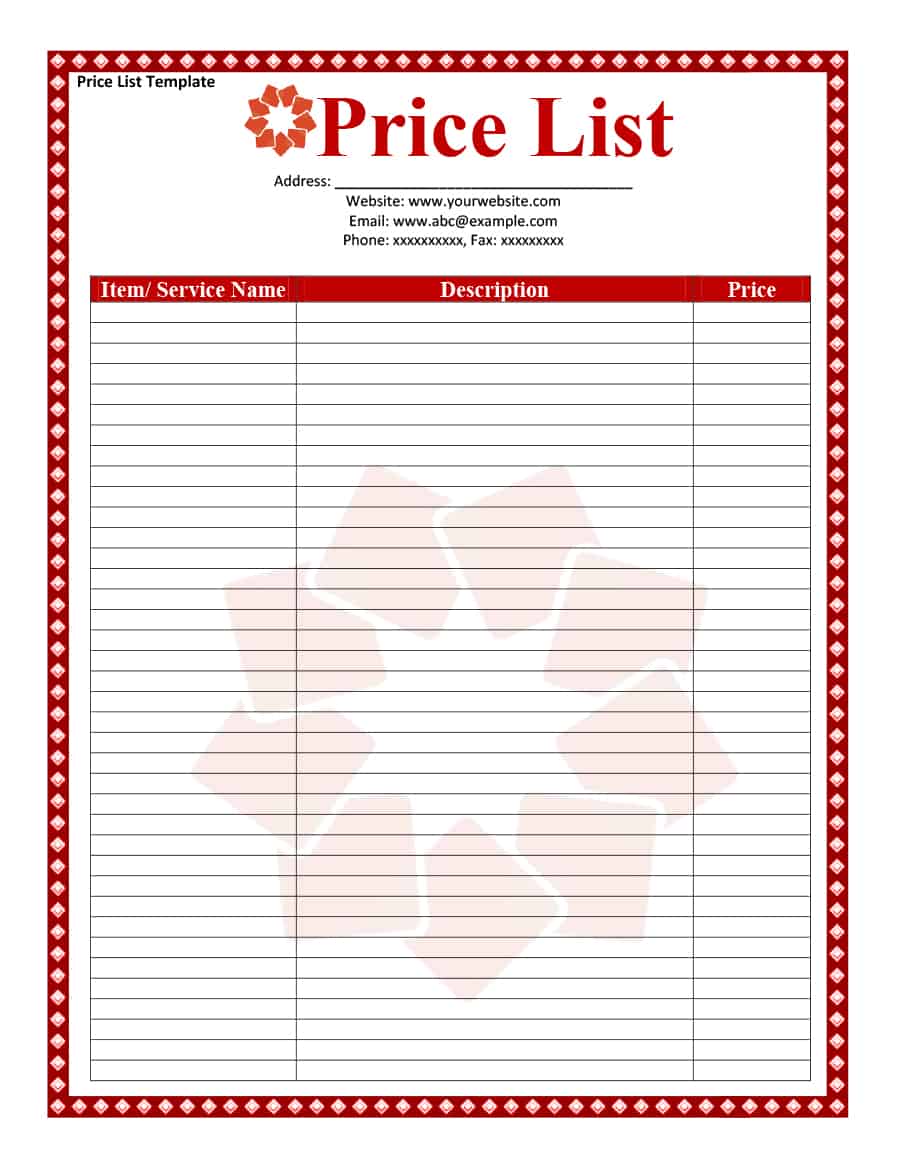 Printable Price List Template for Excel