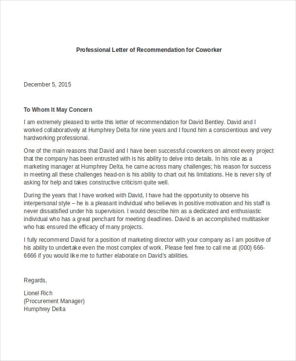 Free Professional Letter of Recommendation Template   with Samples 