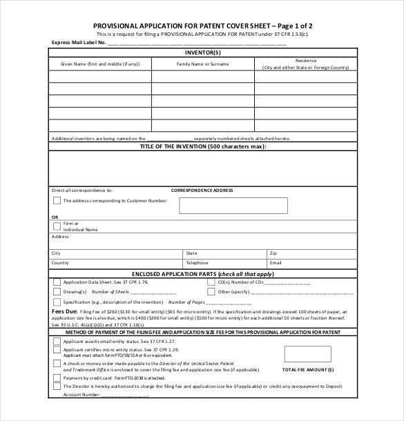 Provisional Patent Application Form   Free Template with Sample