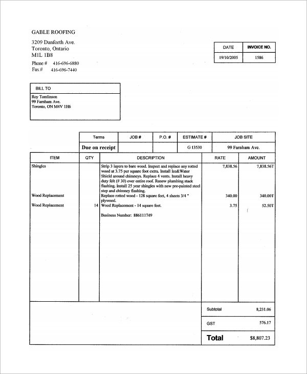 8+ Roofing Invoice Templates | Sample Templates