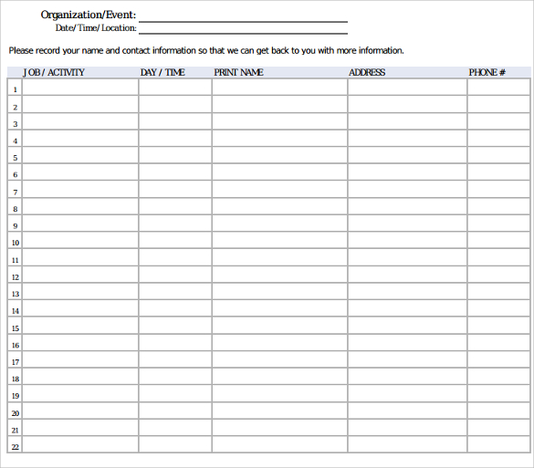 Sign Up Sheet Template