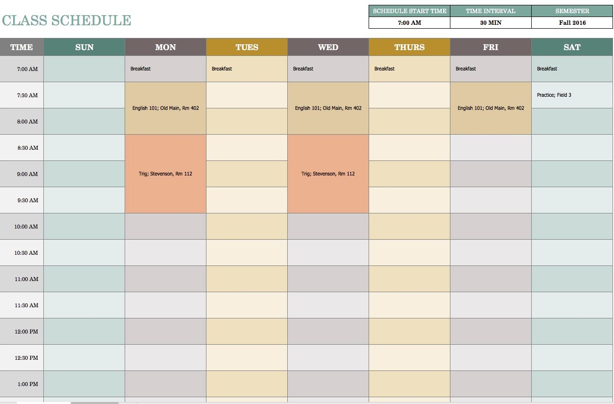 Weekly class schedule