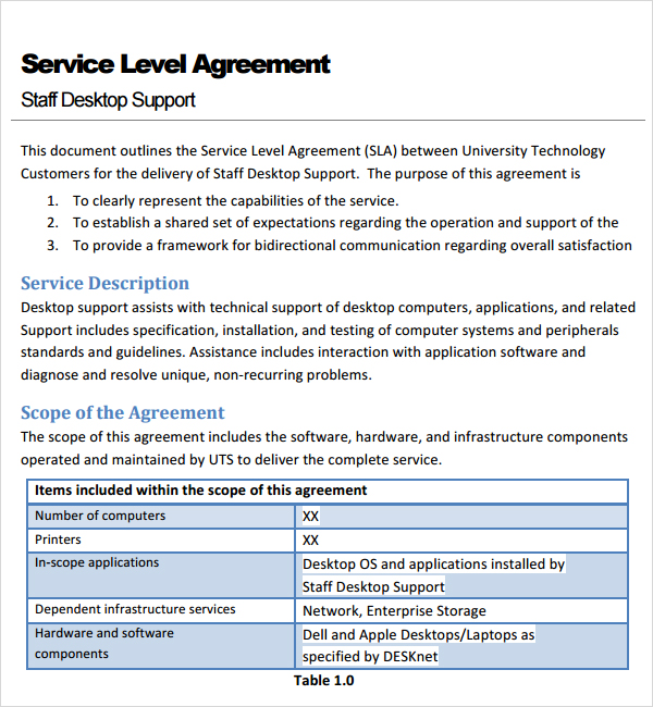 service agreement template doc customer service level agreement 