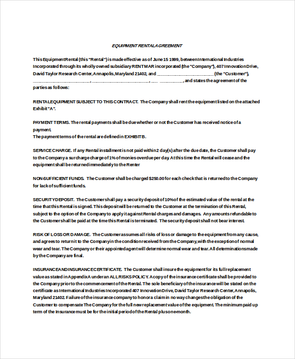 21+ Equipment Rental Agreement Templates   Free Sample, Example 