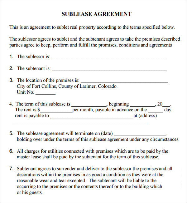 sample sublease agreement template sublease contract template 