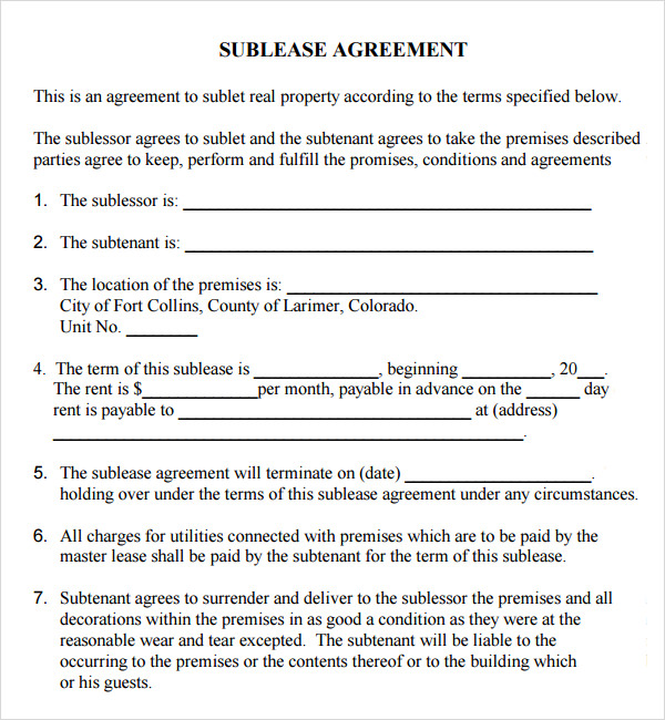 sample sublease agreement template sublet lease agreement template 