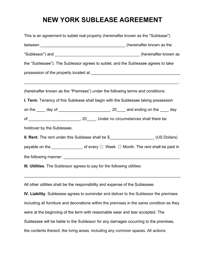 Free New York SubLease Agreement Template   PDF | Word | eForms 